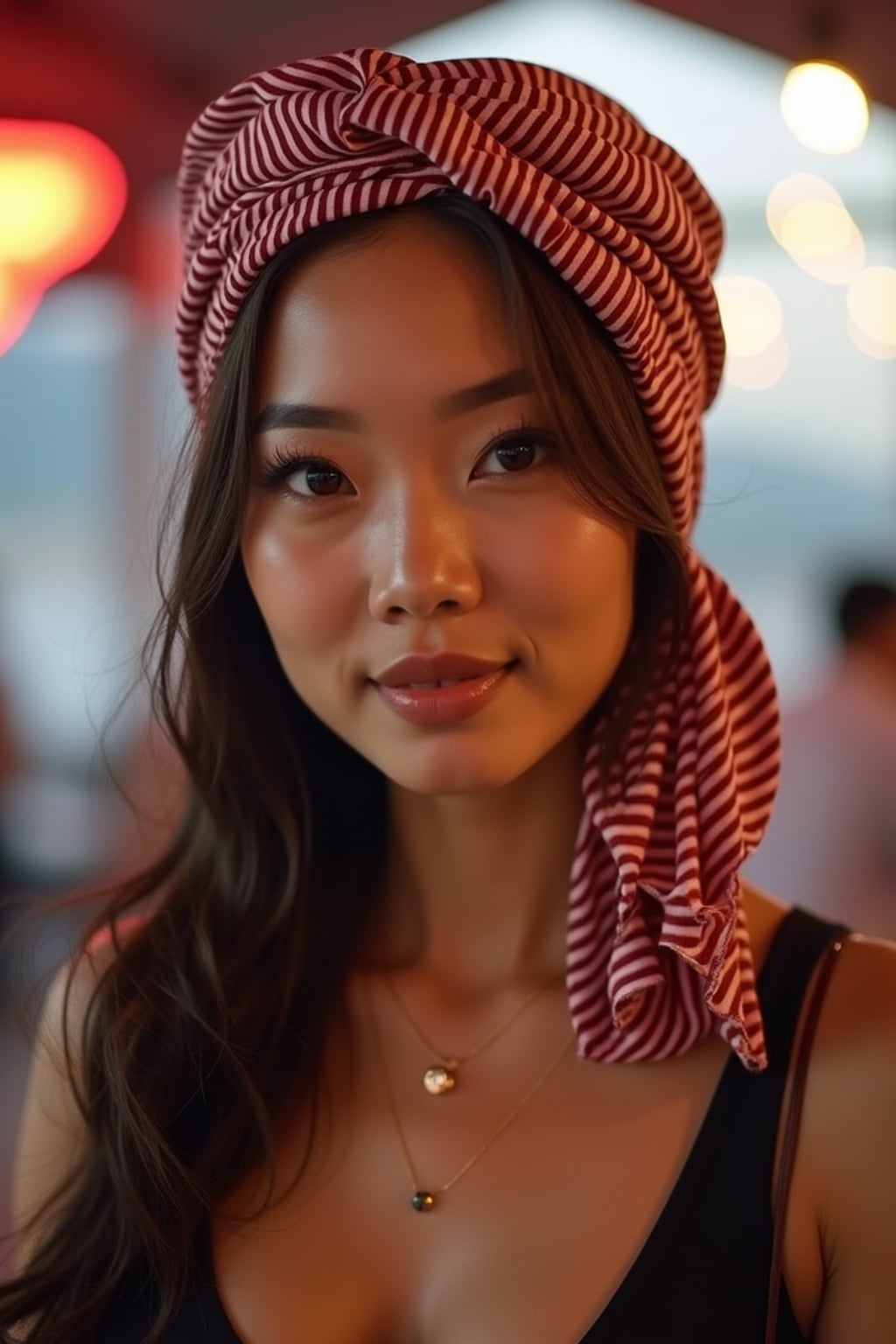 woman wearing a striped head scarf in a full coverage style with side drape, with subtle highlighter , at a trendy rooftop bar