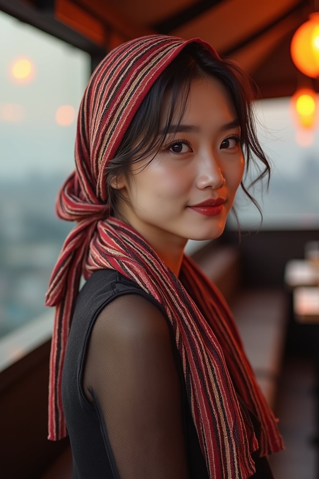 woman wearing a striped head scarf in a full coverage style with side drape, with subtle highlighter , at a trendy rooftop bar
