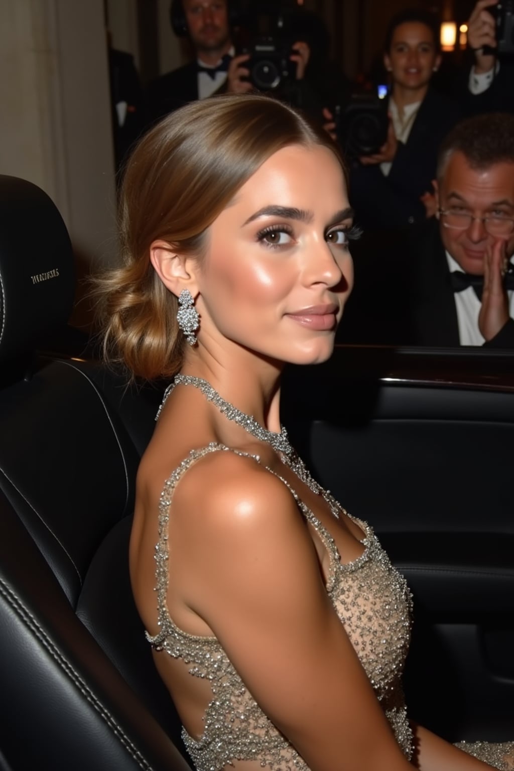 woman departing the Met Gala in a luxury vehicle, wearing a glamorous after-party look with statement jewelry , paparazzi and fans outside the Metropolitan Museum with event lighting visible