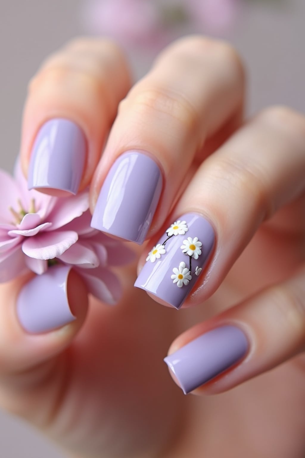 lavender nails with white floral nail art, spring-themed background, soft natural light, close-up of fingers holding a flower, Instagram-ready shot