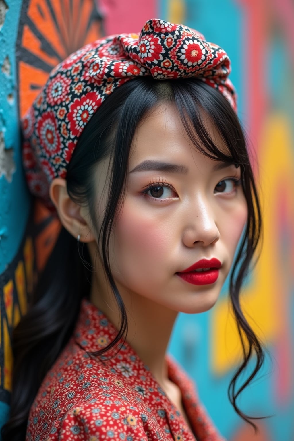 woman wearing a geometric print head scarf covering all hair with decorative front knot, with bold lipstick , against a colorful street art wall