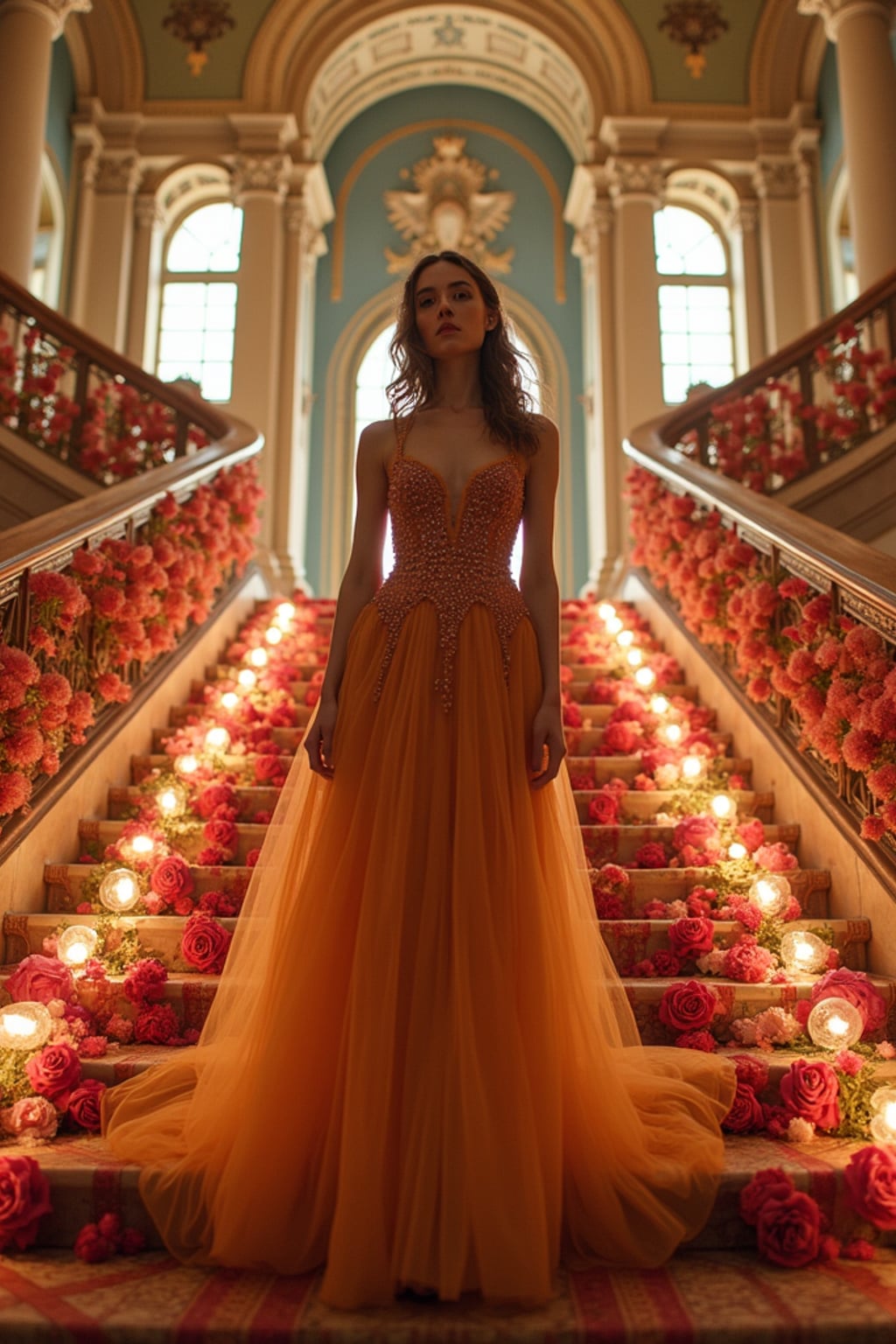 woman ascending the grand staircase of the Met decorated with thousands of flowers, wearing a statement couture piece with historical references , ornate museum architecture enhanced with gala lighting