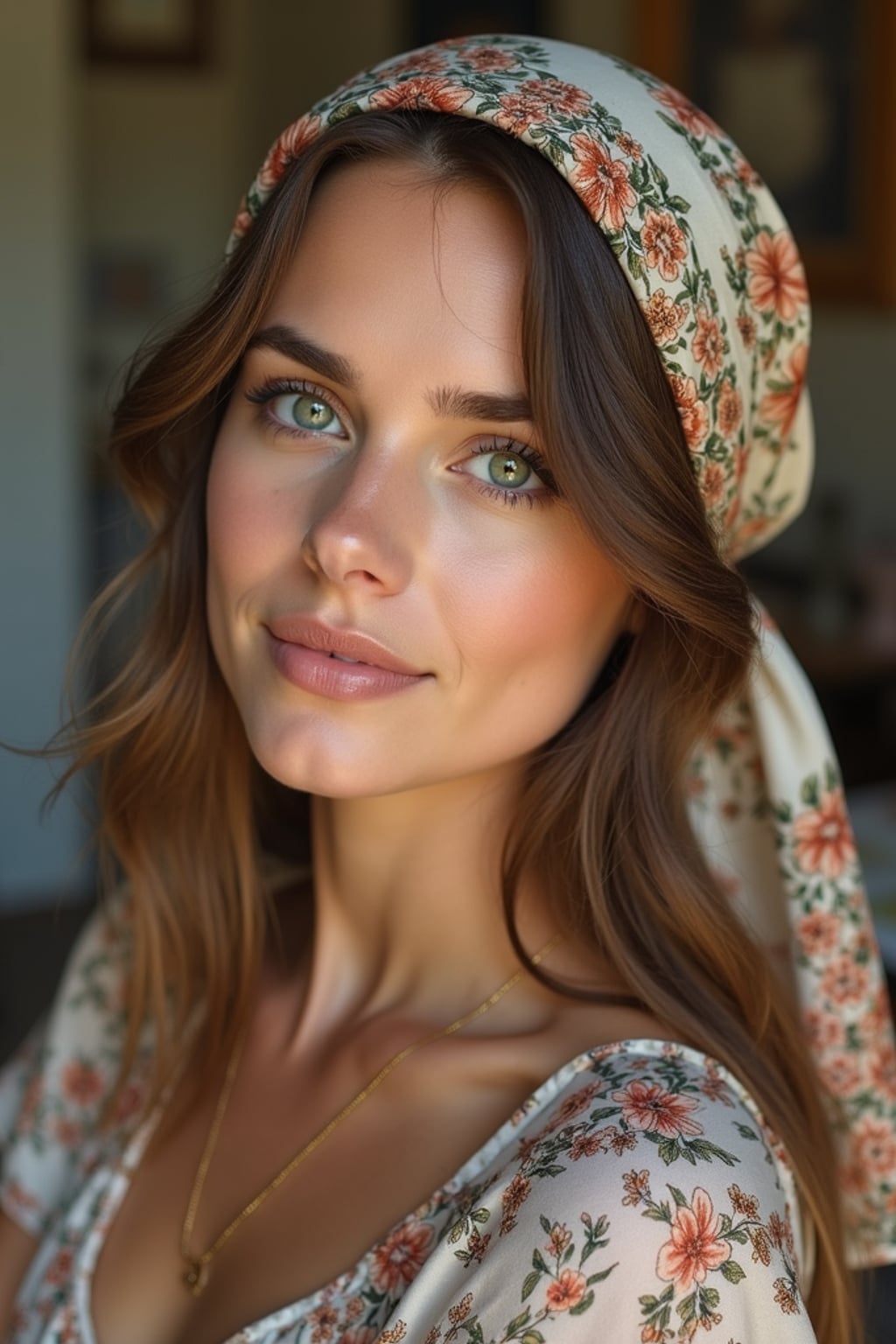 woman wearing a hand-painted silk head scarf in full coverage style, with a natural glow , in an artist's studio with natural light