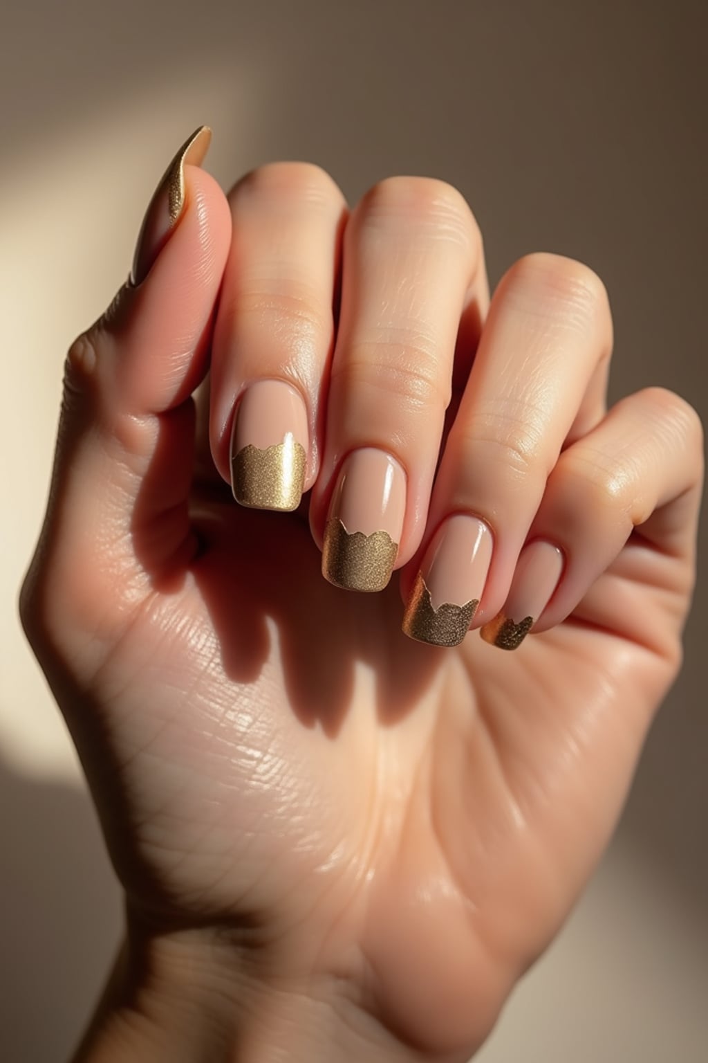 nude base nails with gold foil accents, macro shot, soft focus background, elegant hand pose, editorial-quality beauty photography, luxury vibe