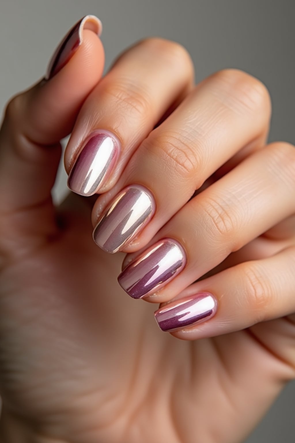 studio shot of chrome glazed donut nails with glossy reflections, hand posed elegantly, modern beauty lighting, high-shine texture visible, magazine-style presentation