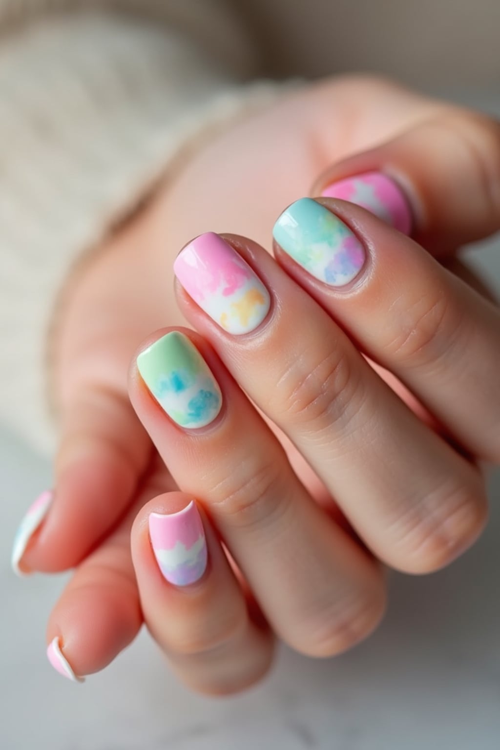 close-up photo of pastel rainbow french tip nails, hands posed gracefully, soft lighting, minimal background, professional beauty photo, high detail, perfect for salon marketing