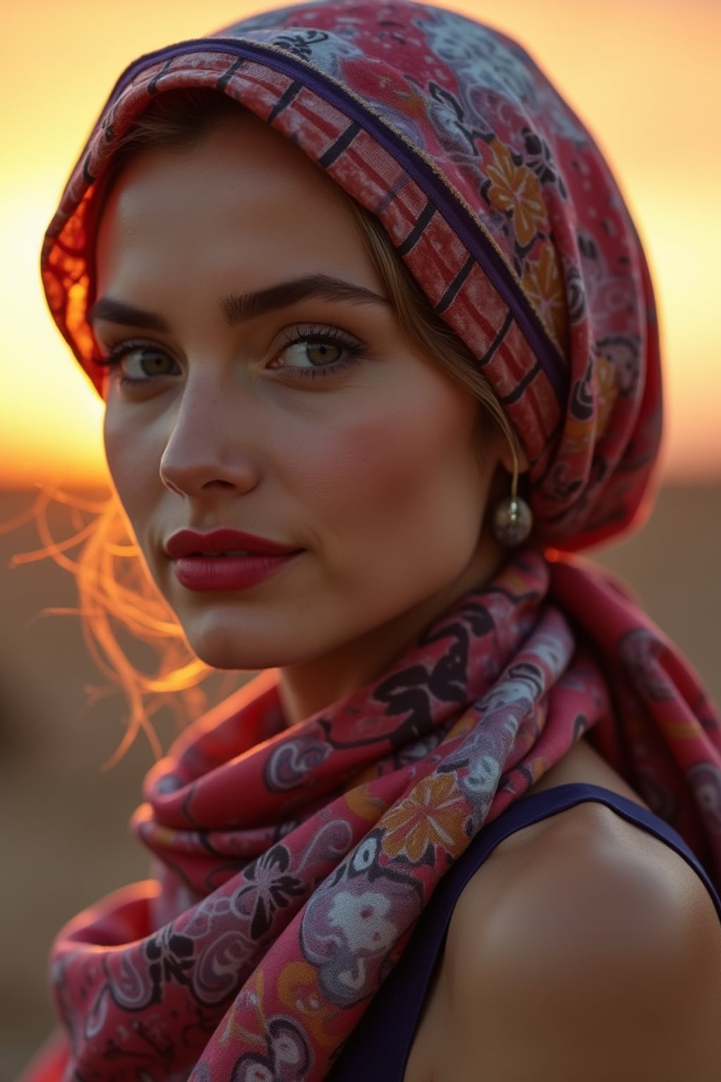 woman with an abstract print silk scarf wrapped completely around the head, with bold lipstick , against a sunset skyline
