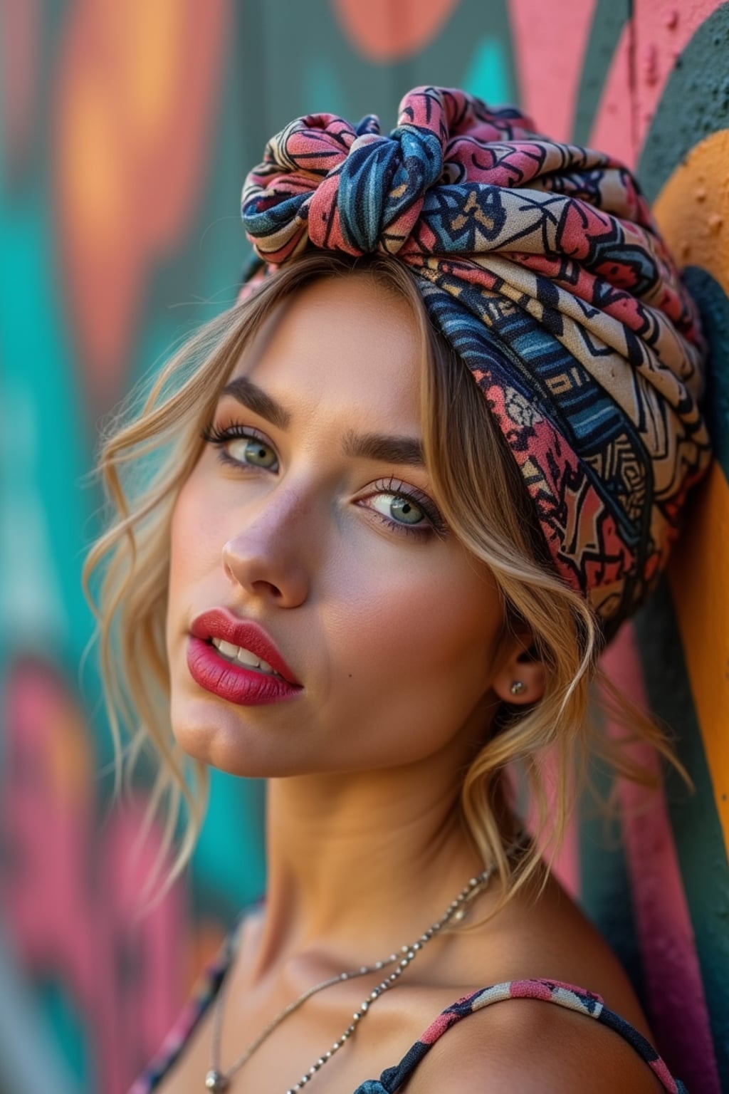 woman wearing a geometric print head scarf covering all hair with decorative front knot, with bold lipstick , against a colorful street art wall