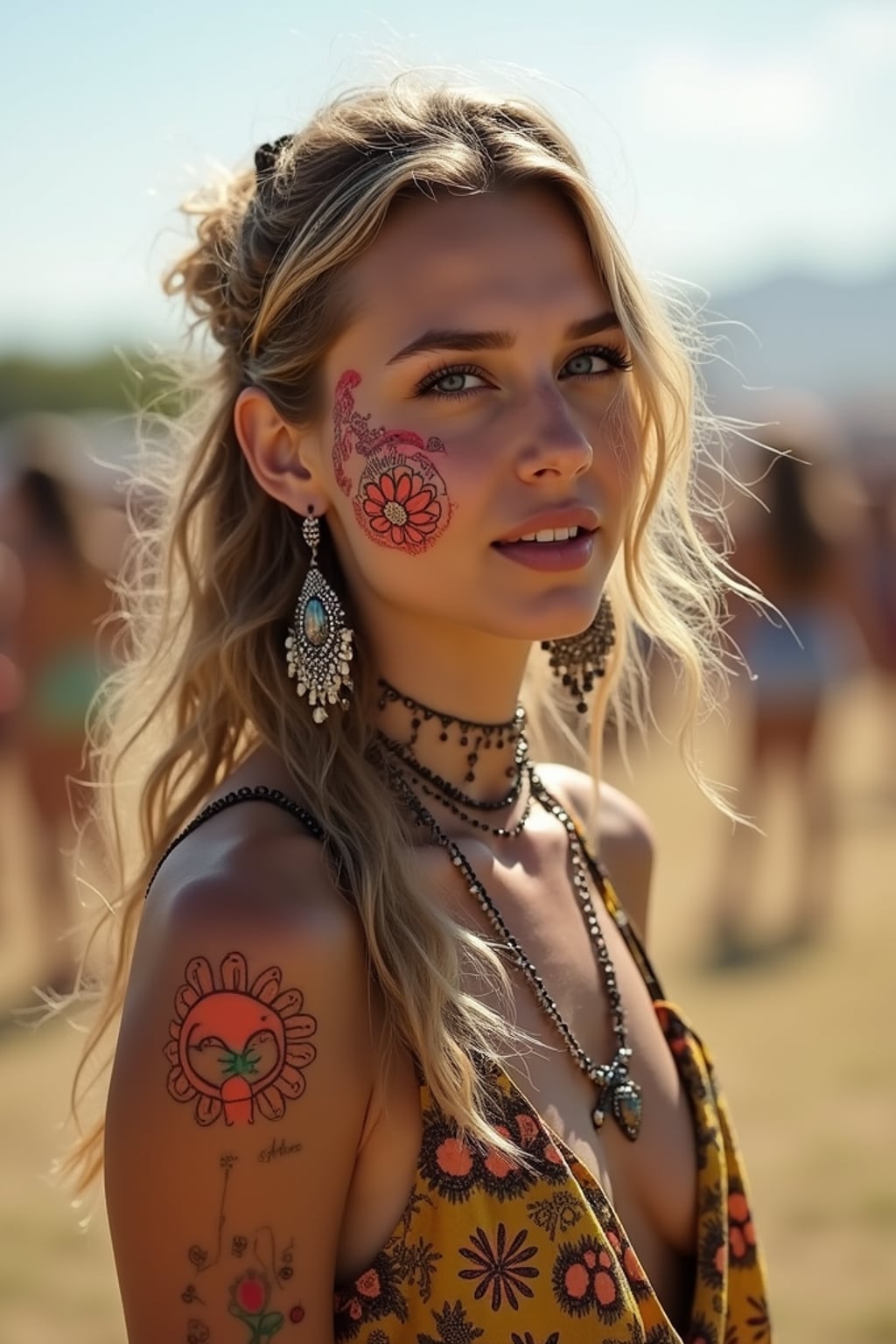 a woman with colorful temporary tattoos and henna art , adding bohemian flair to their Coachella look, with the iconic festival grounds visible in the background