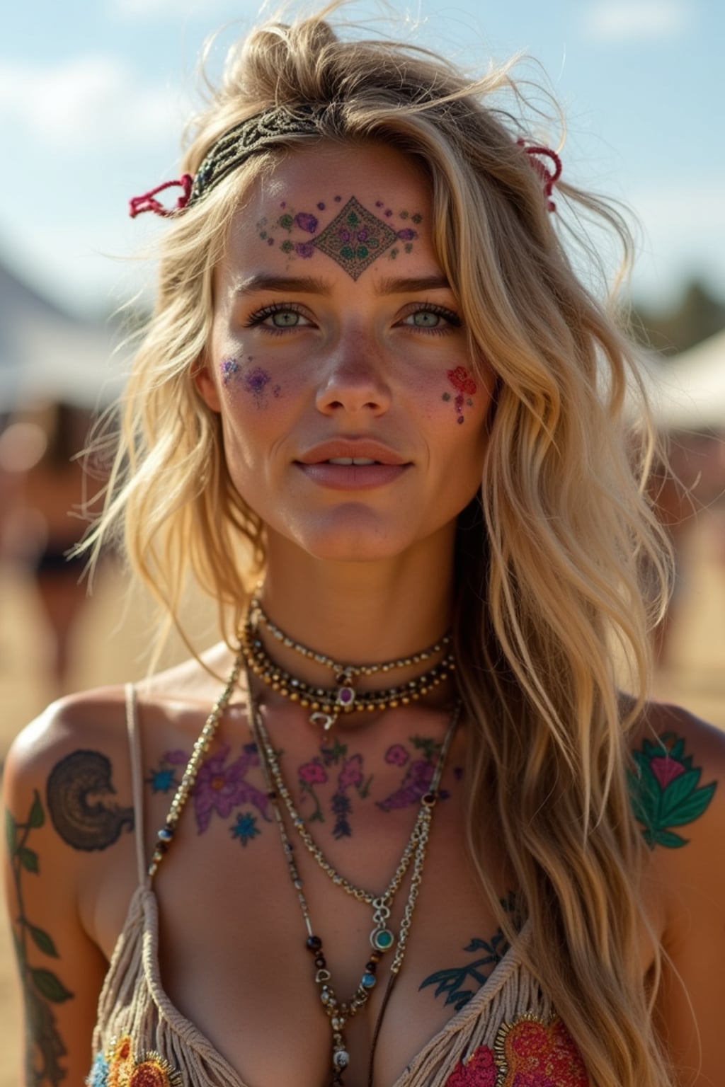 a woman with colorful temporary tattoos and henna art , adding bohemian flair to their Coachella look, with the iconic festival grounds visible in the background