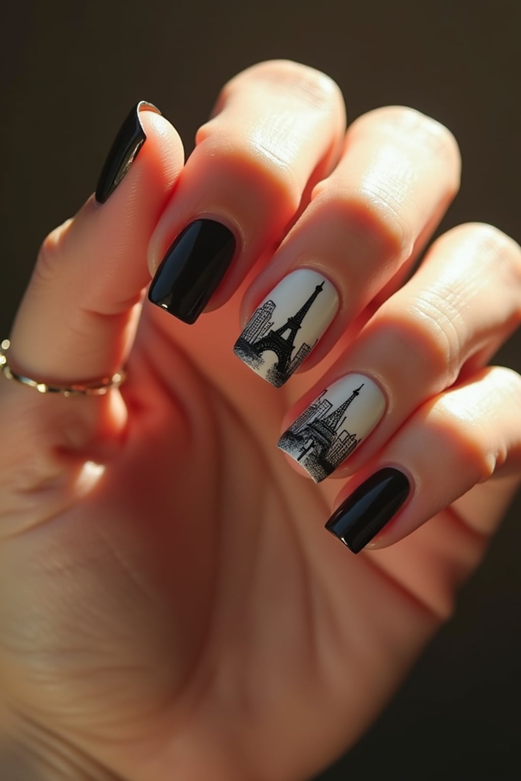 nails featuring miniature Eiffel Tower design, Parisian cityscape art, romantic lighting, posed fingers showcasing intricate details