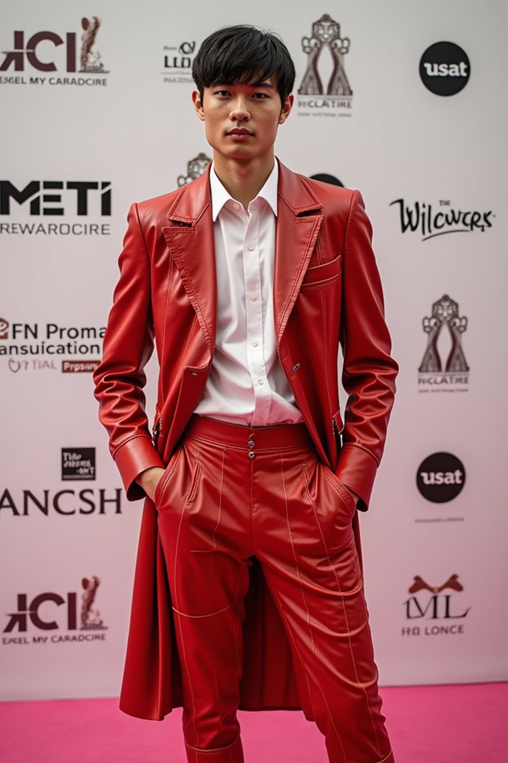 man posing for social media content at the Met Gala step-and-repeat, wearing  a social media-ready ensemble with memorable features, iconic Met backdrop with event branding and sponsors