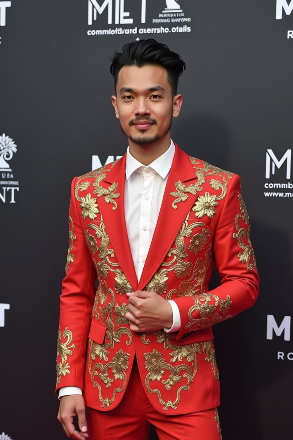 man posing for social media content at the Met Gala step-and-repeat, wearing  a social media-ready ensemble with memorable features, iconic Met backdrop with event branding and sponsors