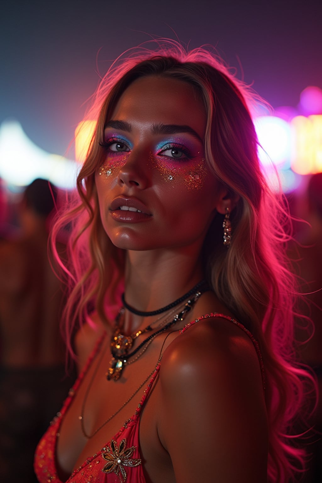 a woman with colorful festival makeup , standing out in the Coachella crowd at night with stage lights illuminating the scene