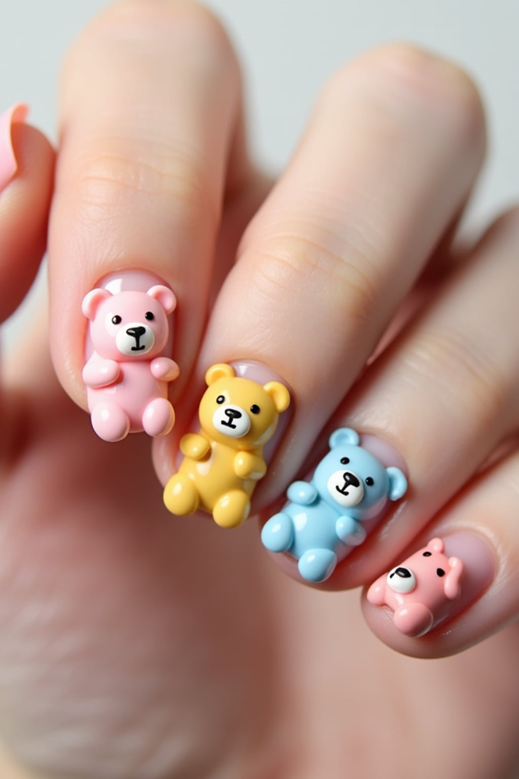 nails with adorable 3D teddy bear art, each nail featuring a different colored bear, soft pastel background, close-up detail shot