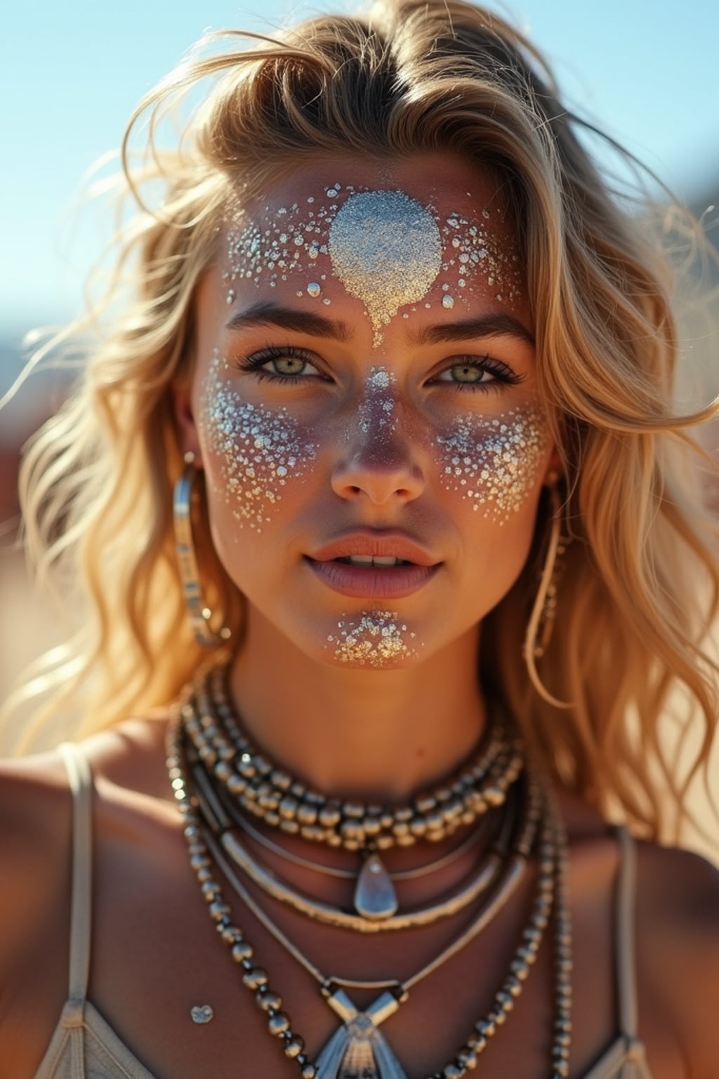 a woman with glittery makeup and body paint , capturing the artistic expression that defines Coachella, with desert landscape in the background