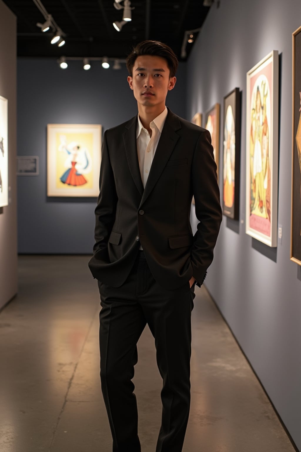 man in the themed exhibition space specially opened for the Met Gala, wearing  a forward-thinking formal look with innovative materials, curated art displays with special event lighting