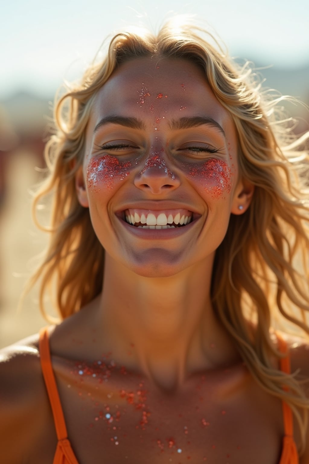 a woman enjoying a performance at Coachella on a hot desert day, with glitter on their face , radiating joy under the California sun