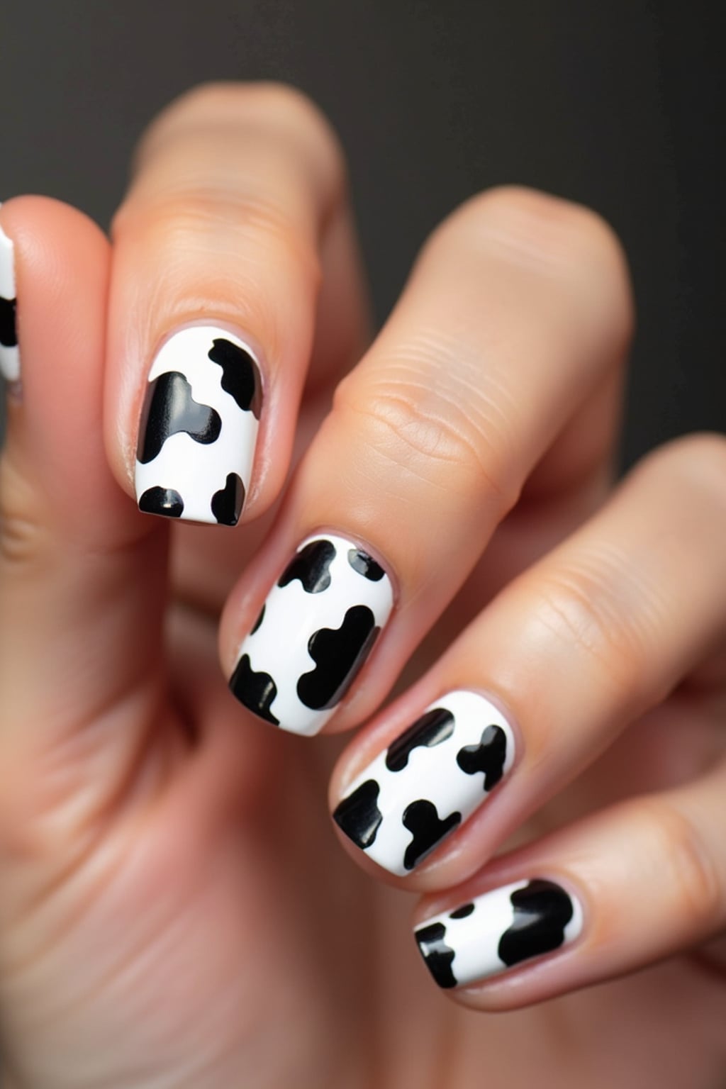 cow print nails on glossy white base, bold and playful aesthetic, beauty studio lighting, fashion-forward hand styling