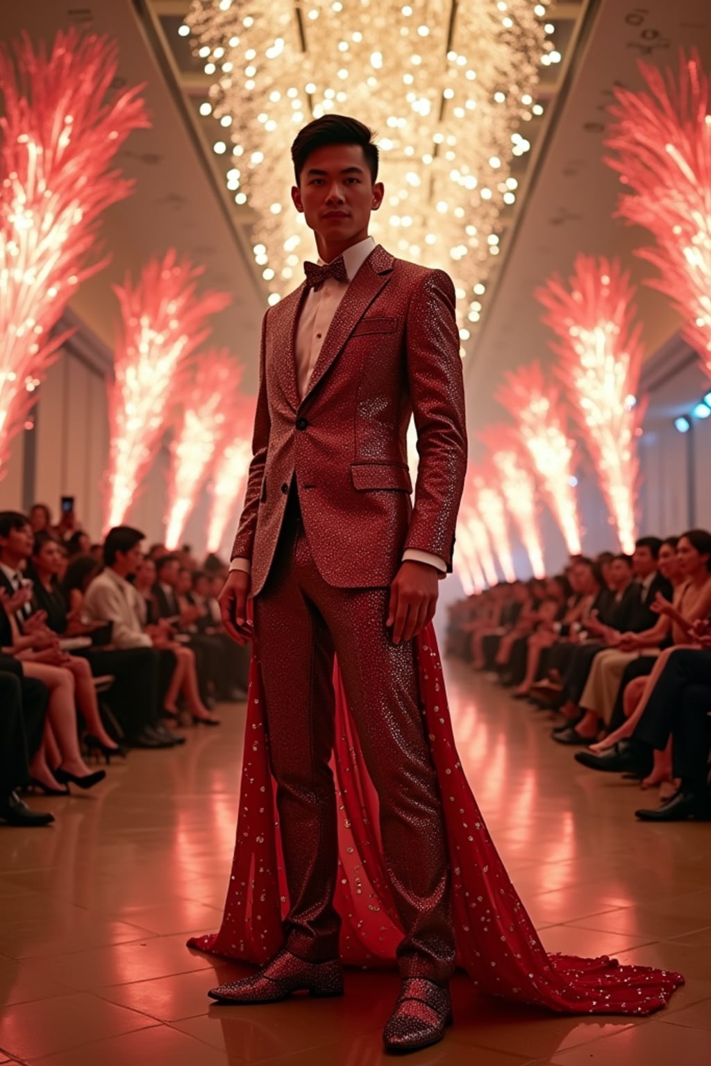 man in the Met Museum's grand hall transformed for the gala, wearing  an artistic interpretation of formal wear with bold accessories, surrounded by spectacular themed decorations and lighting