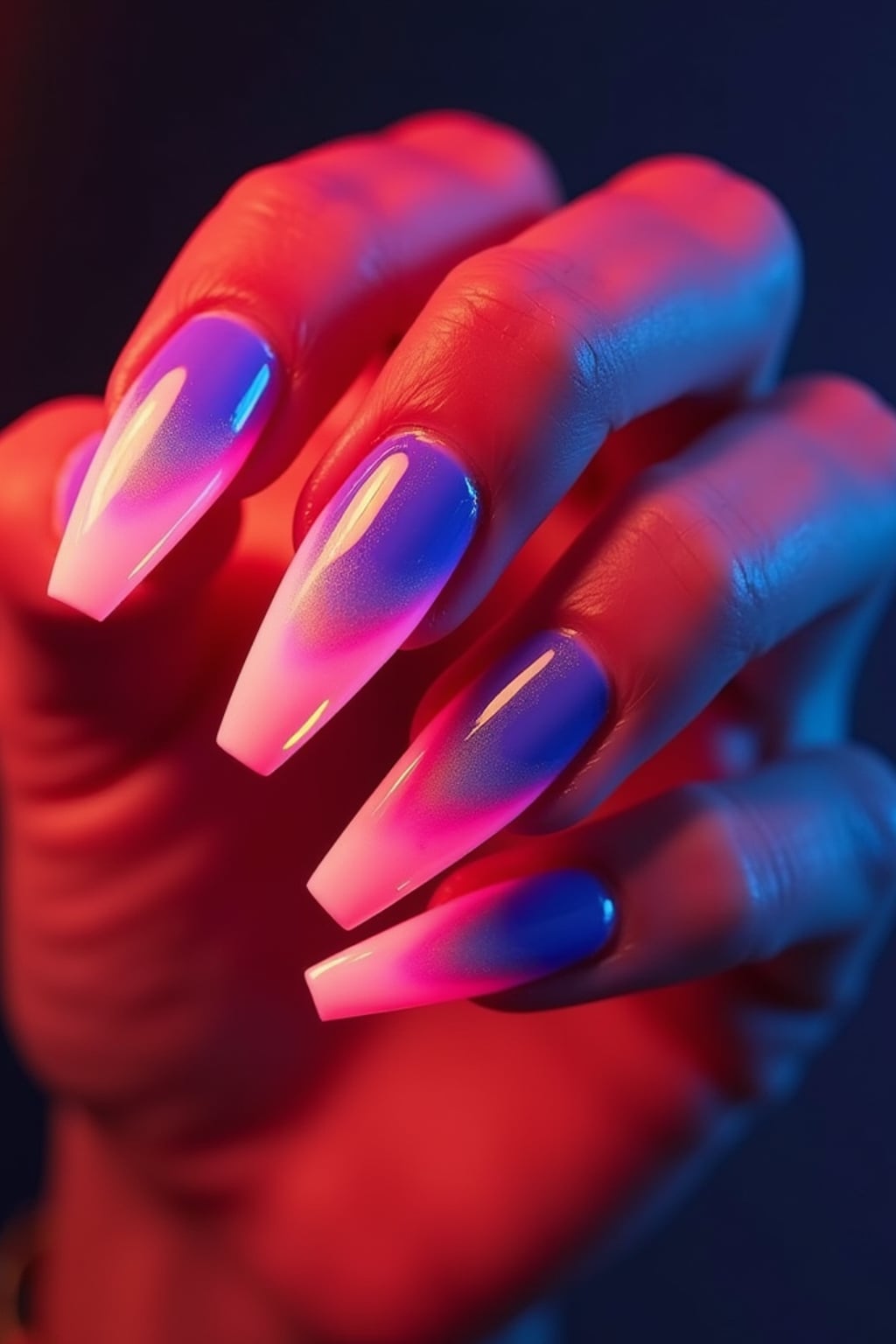 neon ombré coffin nails, vibrant color gradient, high saturation studio lighting, trendy and bold hand styling, beauty editorial quality