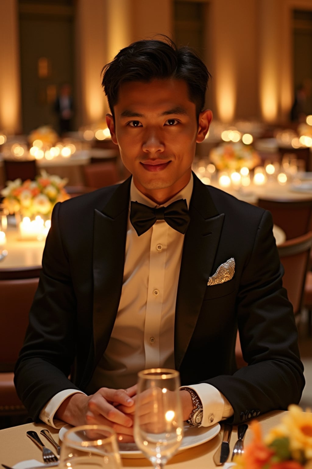 man dining at the lavish Met Gala dinner in the Temple of Dendur, wearing  a refined tuxedo with creative details, elaborate floral centerpieces and candlelit tables arranged throughout the museum space