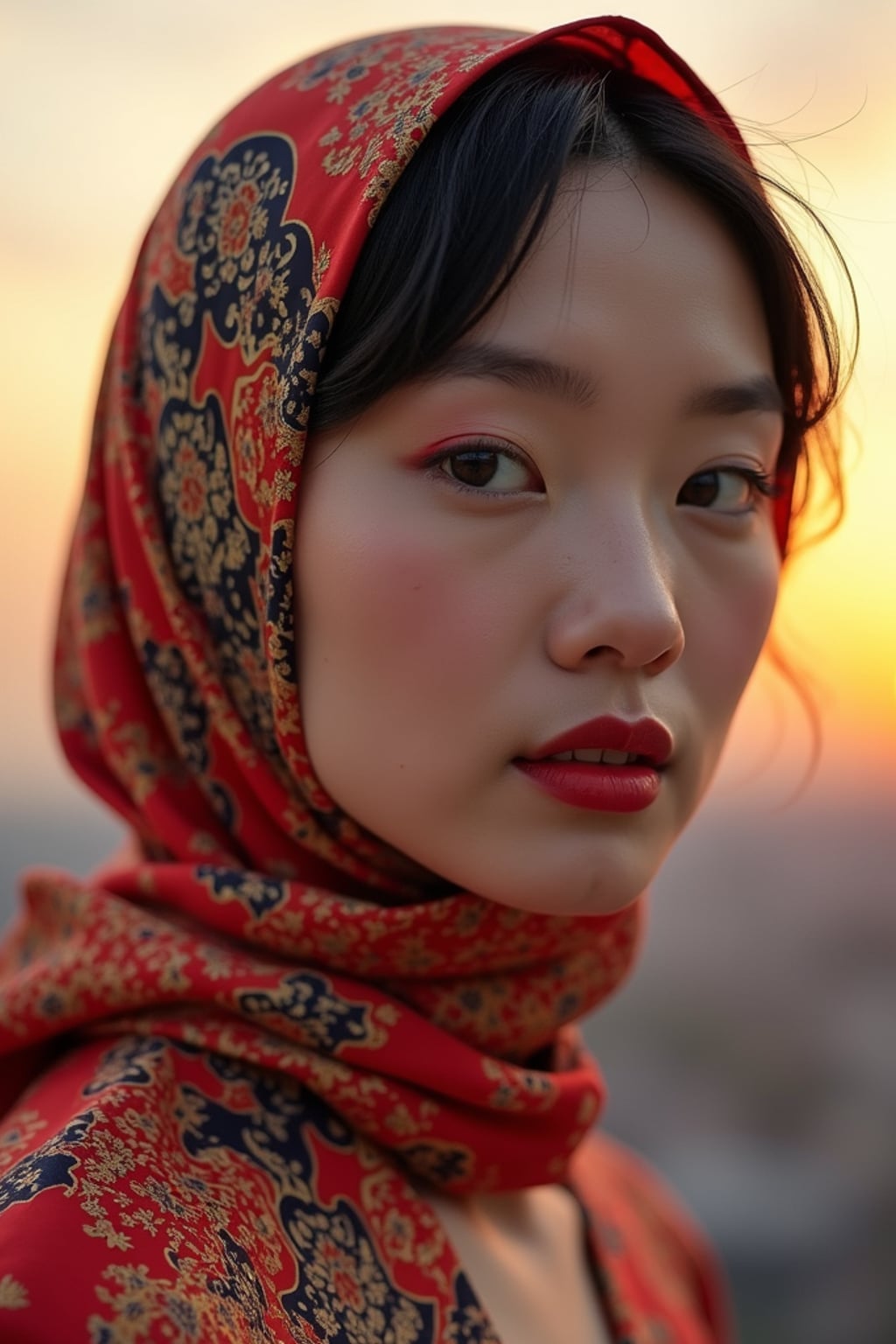 woman with an abstract print silk scarf wrapped completely around the head, with bold lipstick , against a sunset skyline