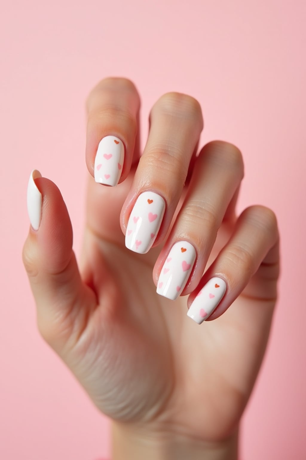 milky white nails with tiny pink hearts, romantic aesthetic, pastel background, cute styling, feminine hand pose, social media-friendly lighting