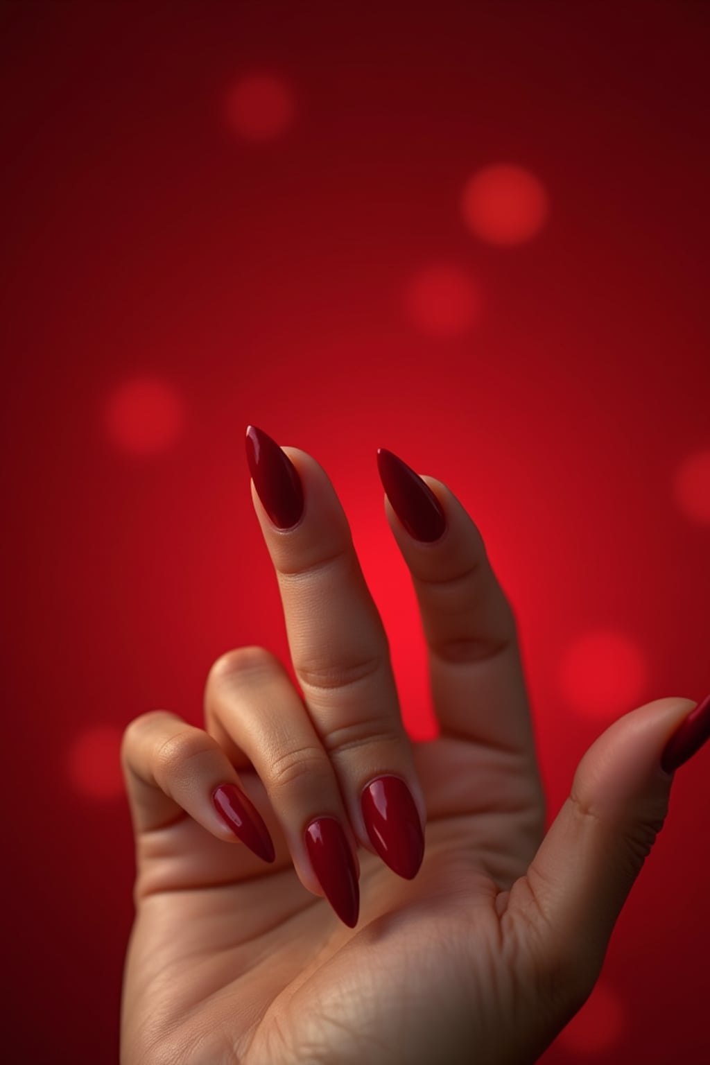 red velvet almond-shaped nails, beauty studio setting, rich red tones, soft bokeh background, posed fingers showcasing nail curve