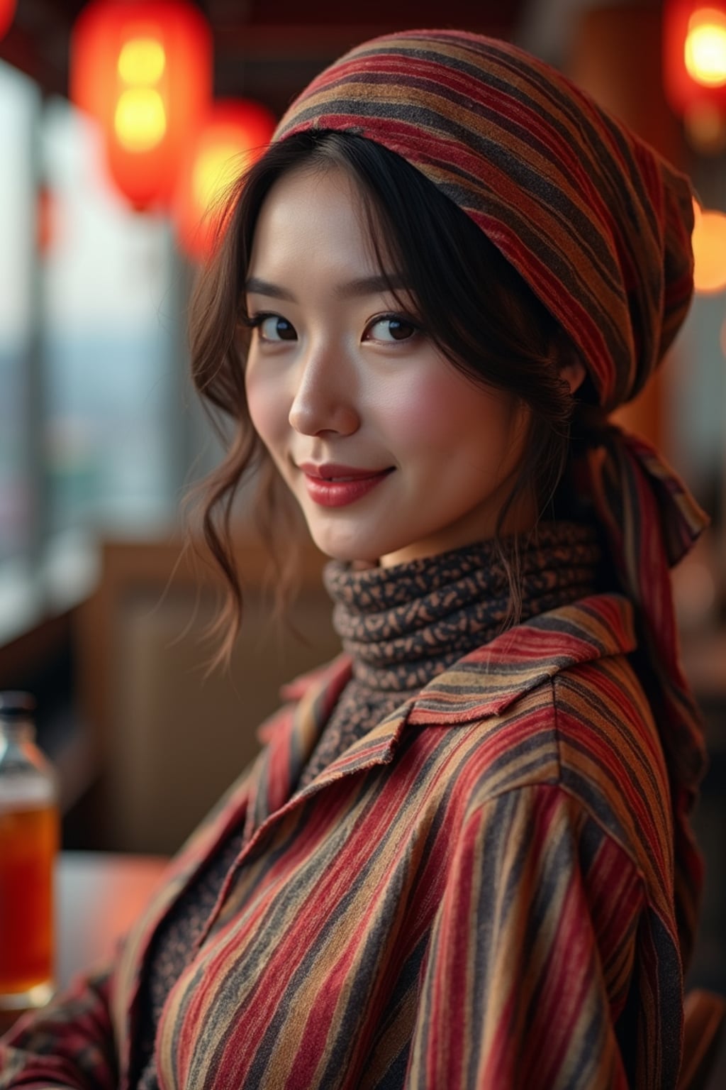 woman wearing a striped head scarf in a full coverage style with side drape, with subtle highlighter , at a trendy rooftop bar