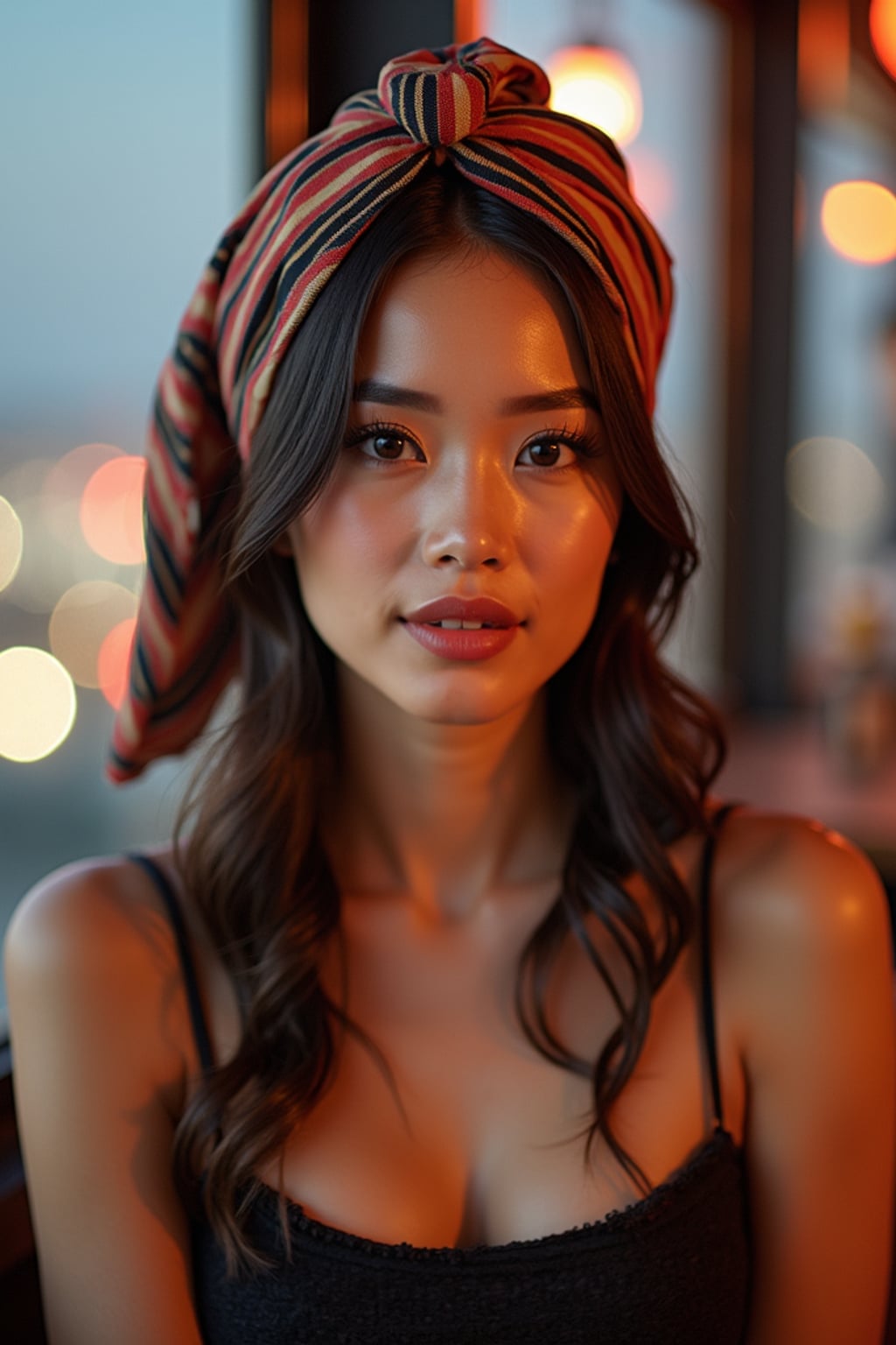 woman wearing a striped head scarf in a full coverage style with side drape, with subtle highlighter , at a trendy rooftop bar