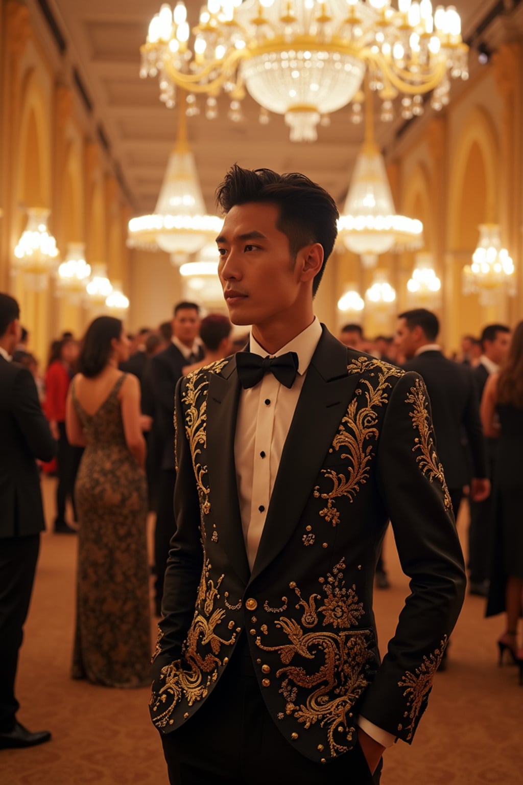 man mingling with A-list celebrities inside the Met Gala main hall, wearing  a sophisticated suit with artistic embellishments, lavish Met Gala decorations and themed installations visible
