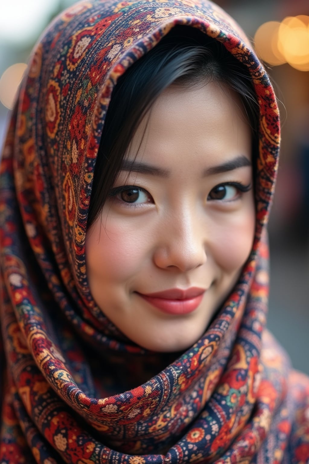 woman wearing a paisley print head scarf in a full coverage style, with winged eyeliner , at an outdoor market