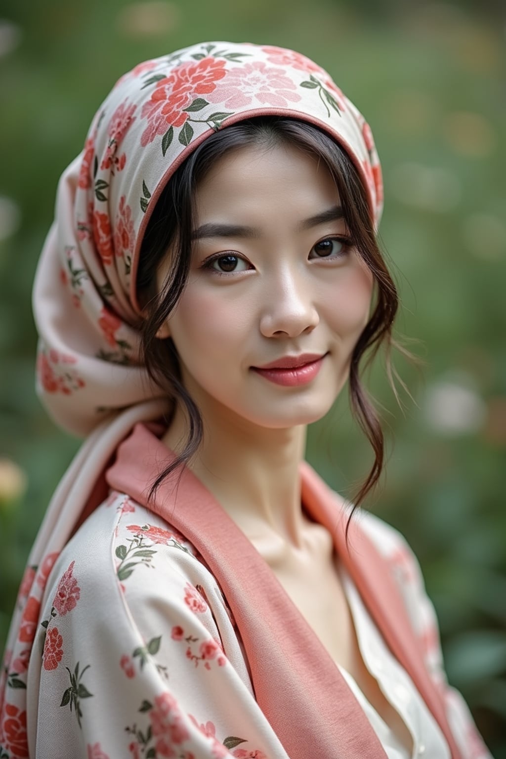 woman with a floral silk scarf wrapped around the head covering all hair, with natural-looking makeup , in a botanical garden setting