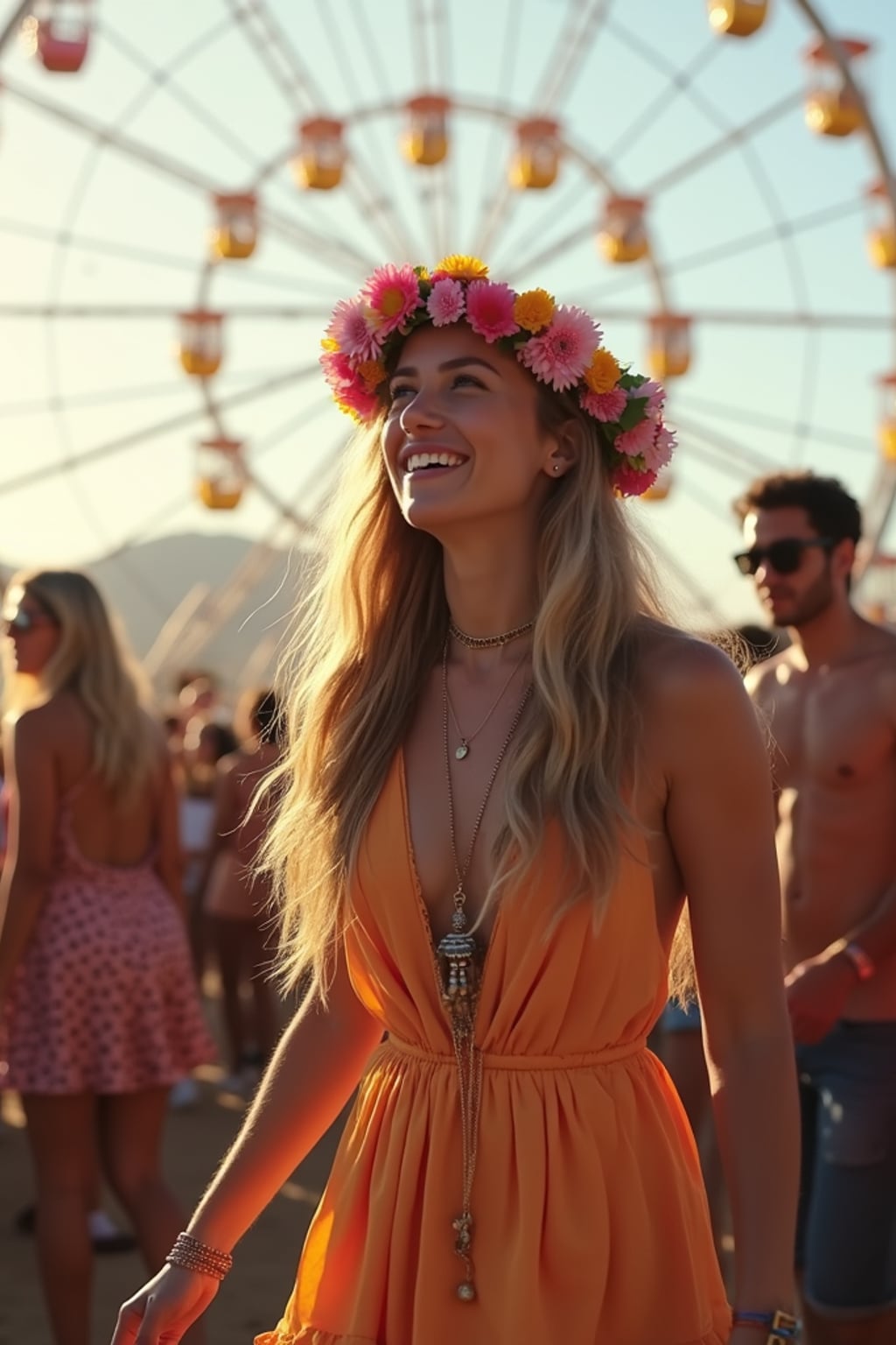 a stunning woman at Coachella music festival, dancing and enjoying the music in a vibrant crowd, wearing a boho chic dress and flower crown , with the iconic Coachella ferris wheel in the background