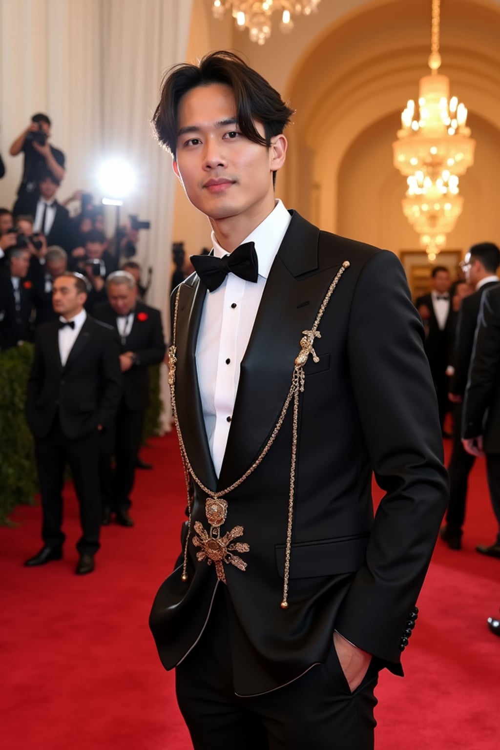 man on the Met Gala red carpet at the Metropolitan Museum of Art, wearing  a bold designer tuxedo with unique details, camera flashes and celebrity attendees in background, elaborate Met Gala decorations visible