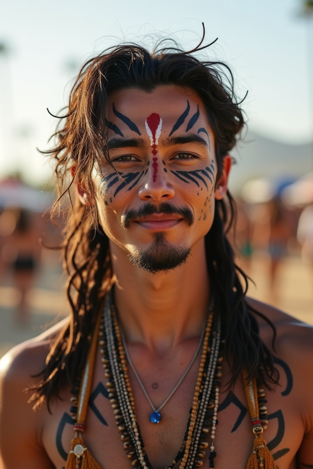 a man with  a tribal face paint design, adding bohemian flair to their Coachella look, with the iconic festival grounds visible in the background