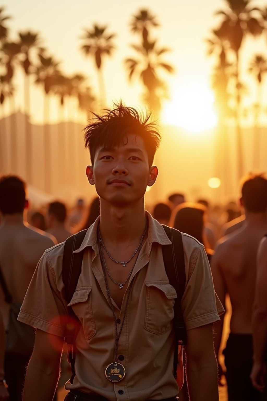 a stunning man surrounded by  a crowd of festival-goers, capturing the sense of community and celebration at Coachella as the sun sets over the palm trees