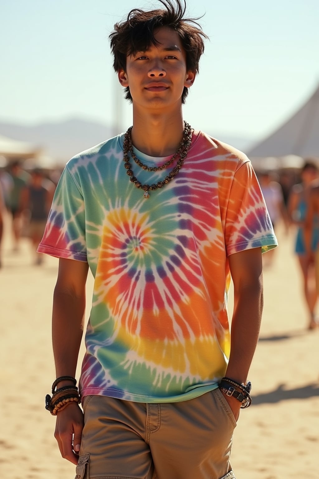 a man in  a tie-dye t-shirt and cargo shorts, embodying the DIY fashion culture of Coachella in the Indio desert