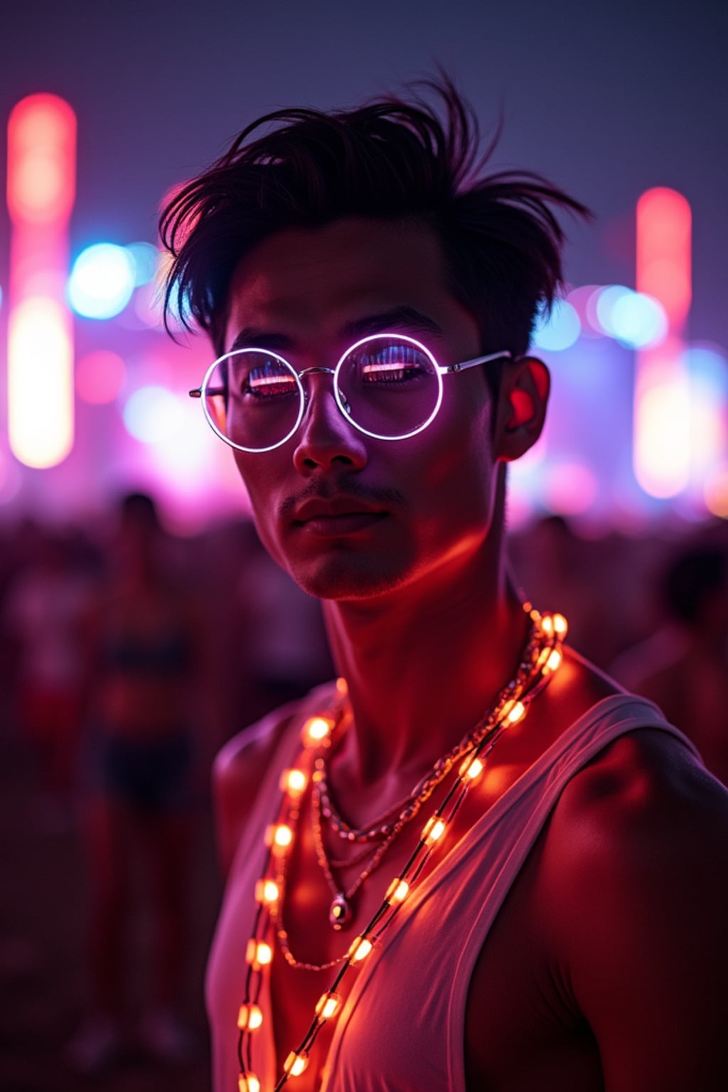 a man with  glowing LED accessories, standing out in the Coachella crowd at night with stage lights illuminating the scene