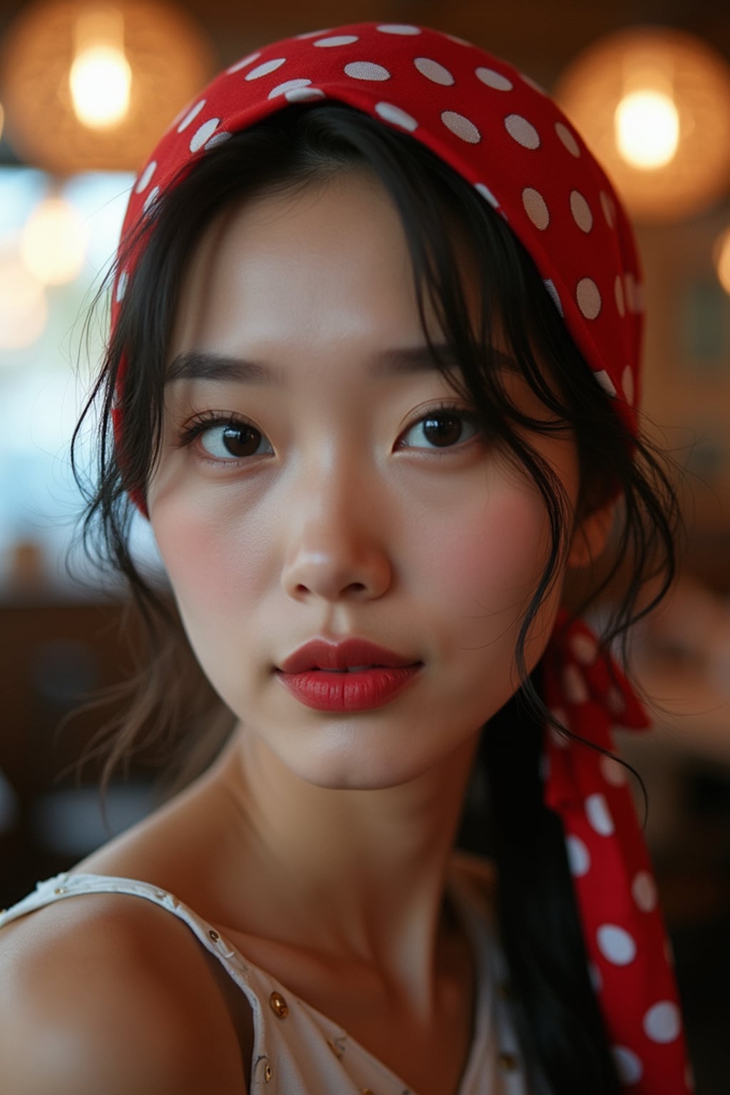 woman wearing a vintage-inspired polka dot head scarf completely covering the hair, with retro makeup , at a stylish café with soft lighting