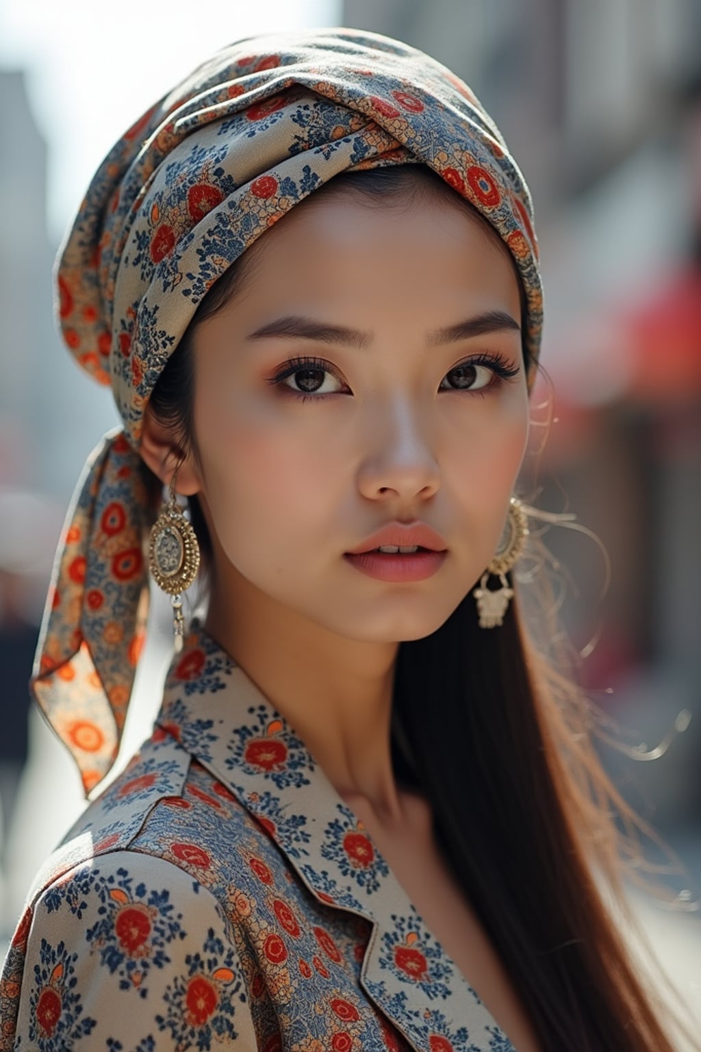 woman with a patterned silk scarf tied in a complete turban style covering all hair, with statement earrings , against a neutral urban background