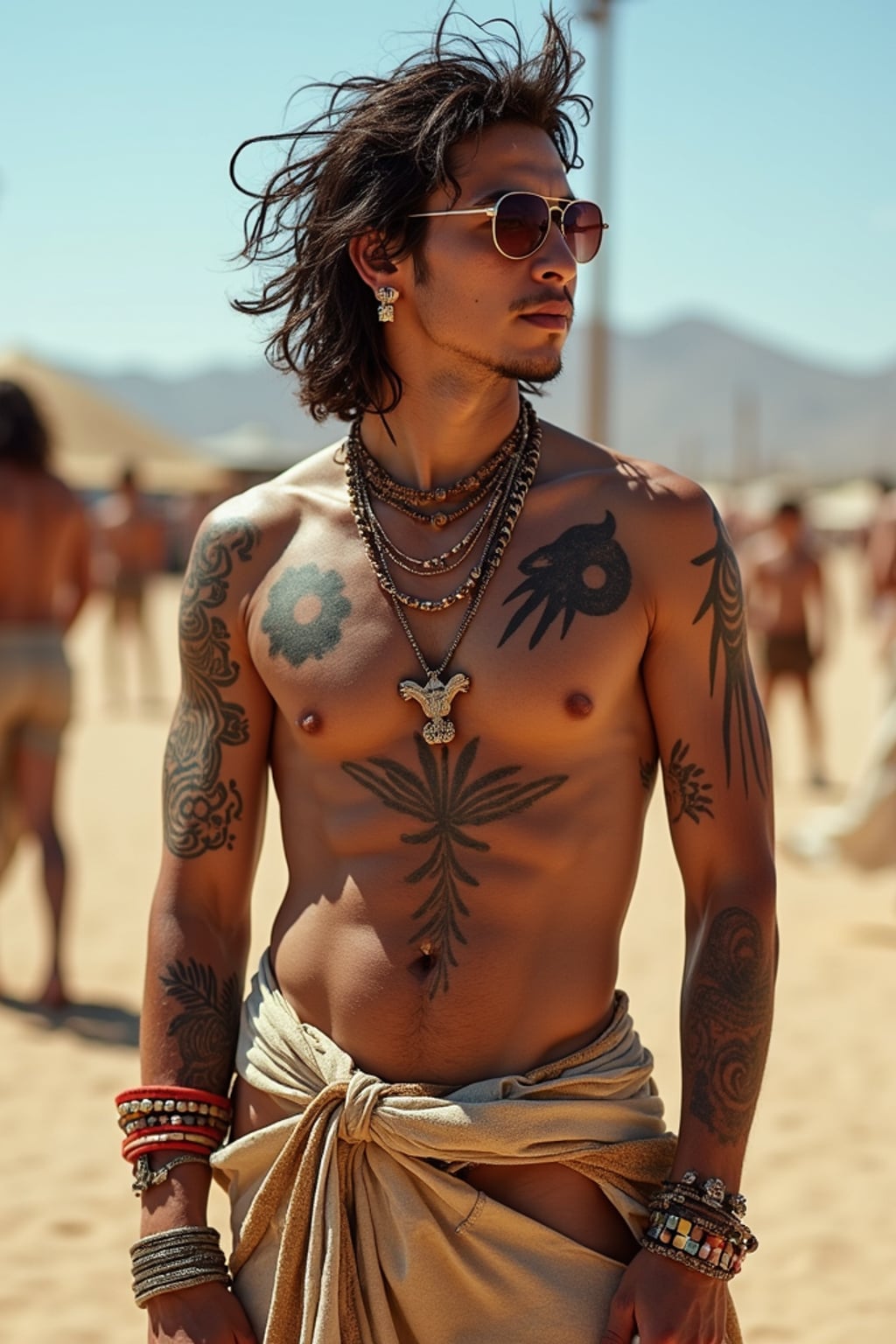 a man with  bold face and body art, capturing the artistic expression that defines Coachella, with desert landscape in the background