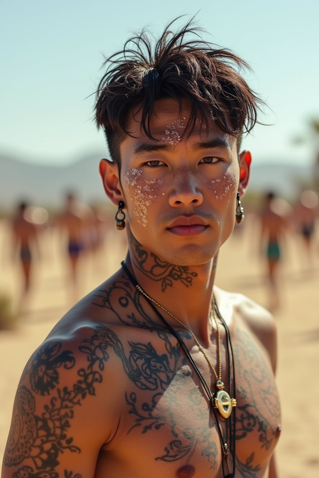 a man with  bold face and body art, capturing the artistic expression that defines Coachella, with desert landscape in the background