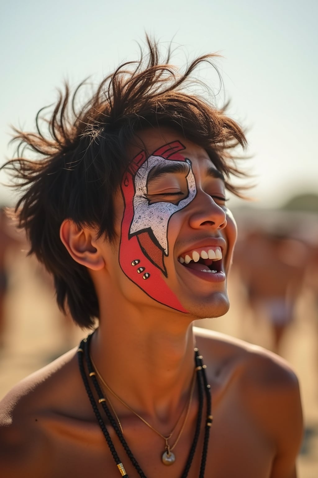 a man enjoying a performance at Coachella on a hot desert day, with  a bold face paint design, radiating joy under the California sun