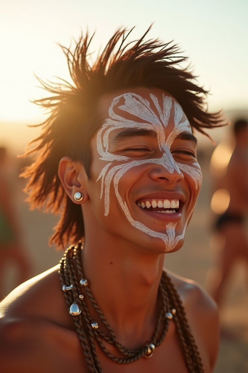 a man enjoying a performance at Coachella on a hot desert day, with  a bold face paint design, radiating joy under the California sun