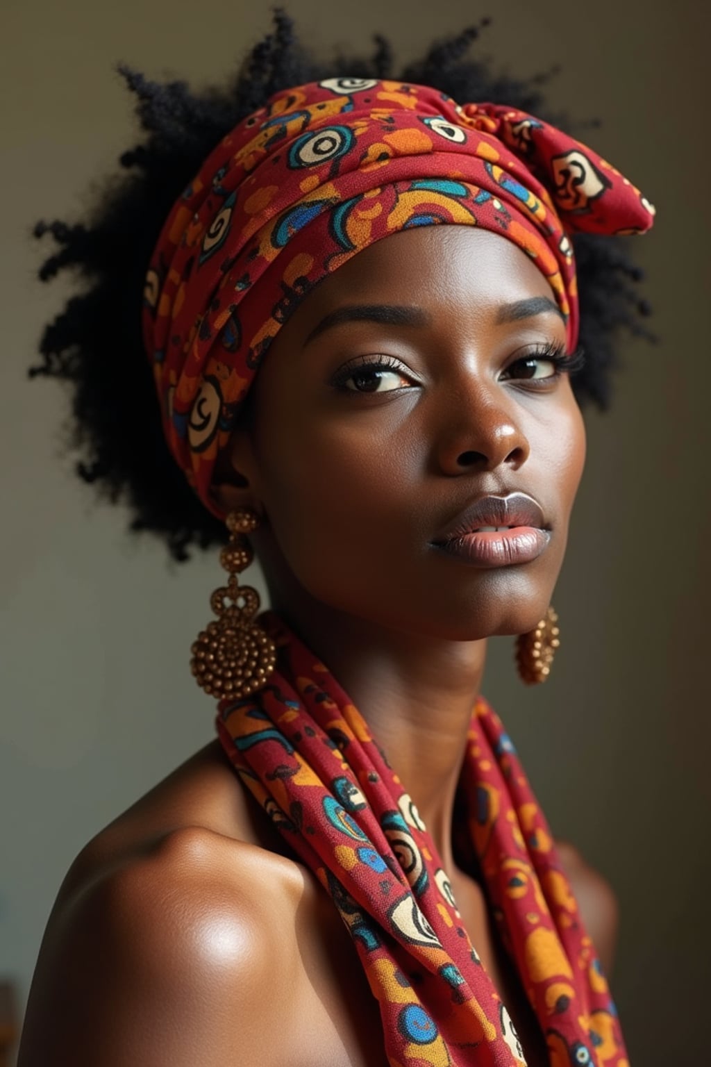 woman wearing a hand-painted silk head scarf in full coverage style, with a natural glow , in an artist's studio with natural light