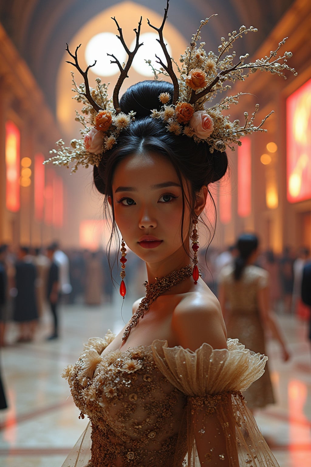 woman in the Met Museum's grand hall transformed for the gala, wearing a fantasy-inspired couture creation with handcrafted details , surrounded by spectacular themed decorations and lighting