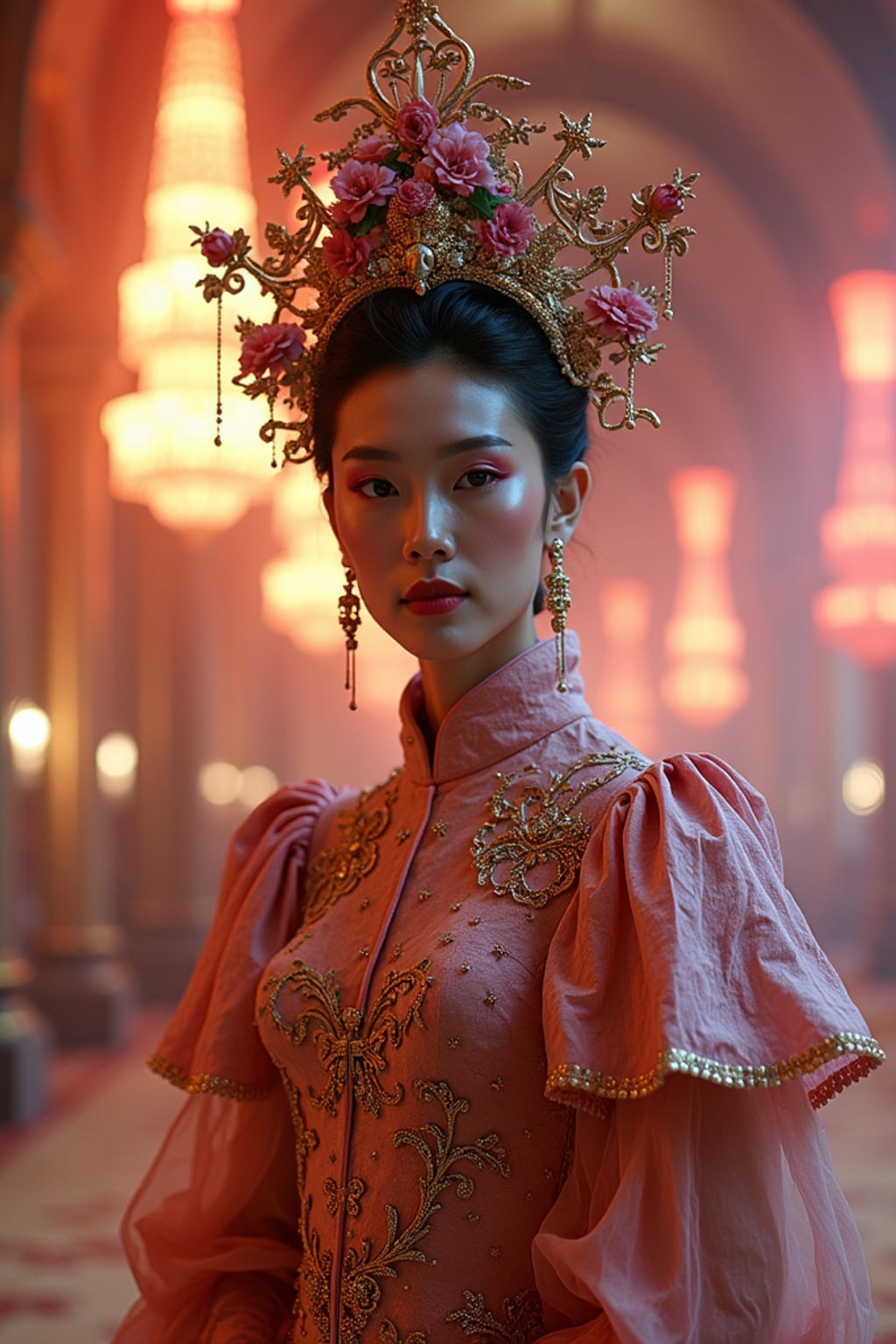woman in the Met Museum's grand hall transformed for the gala, wearing a fantasy-inspired couture creation with handcrafted details , surrounded by spectacular themed decorations and lighting