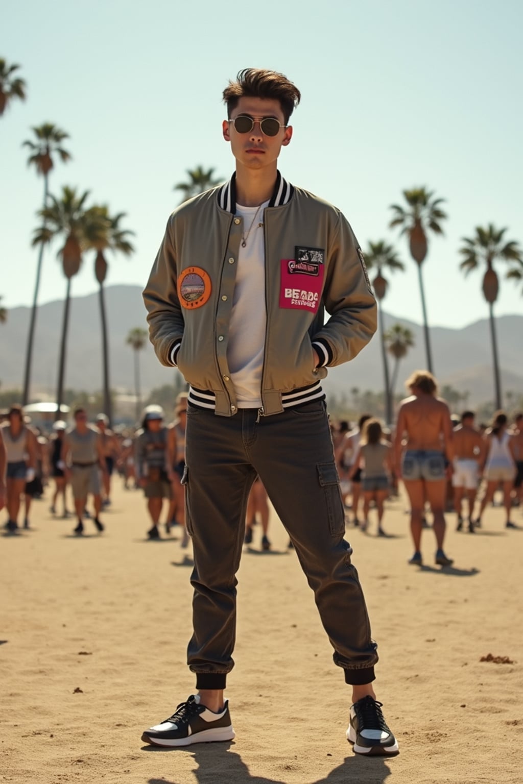 a man in  a cool bomber jacket and sneakers, striking a pose in front of the Coachella stage, with palm trees and desert landscape visible